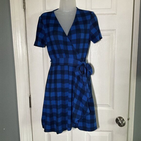 Draper James Buffalo Plaid Checkered Wrap Dress size Small S Blue - Picture 3 of 15